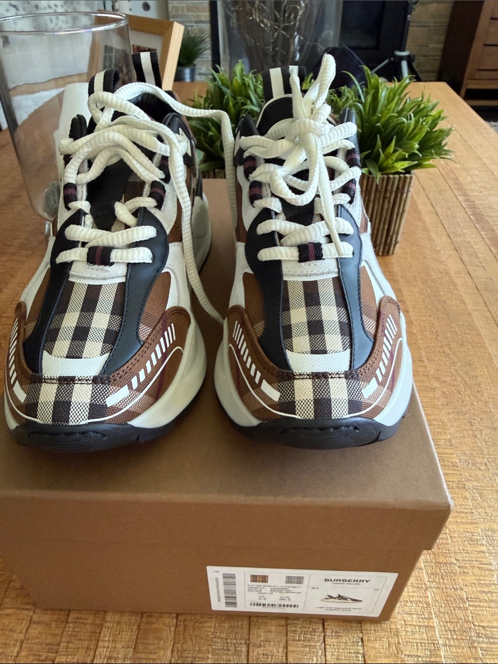 Burberry Brown, Black & White Check Chunky Runner Sneakers with rubber sole .